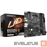 Pamatplate Intel procesorsiem Gigabyte  B550M K 1.0 M/B Processor family AMD, Processor socket AM4, DDR4 DIMM, Memory slots 4, Supported hard disk drive interfaces 	SATA, M.2, Number of SATA connectors 4, Chipset AMD B550, Micro ATX 