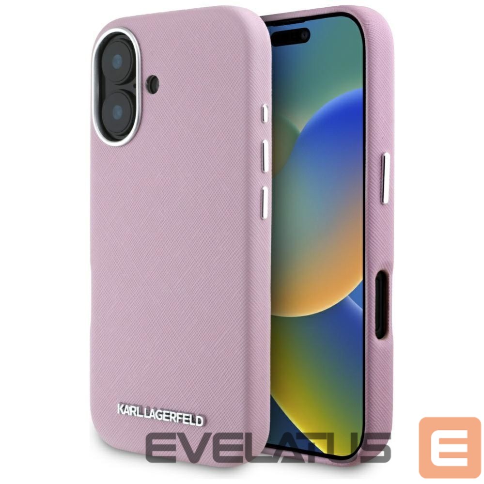 Citas preces Karl Lagerfeld Karl Lagerfeld Saffiano Full Wrapped Elongated Metal Logo MagSafe iPhone 16 Case - Pink