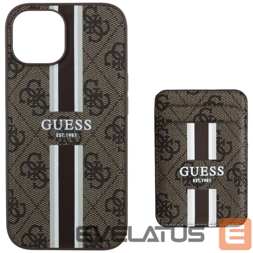 Citas preces Guess Guess 4G Stripes case with Magsafe wallet for iPhone 15 brown