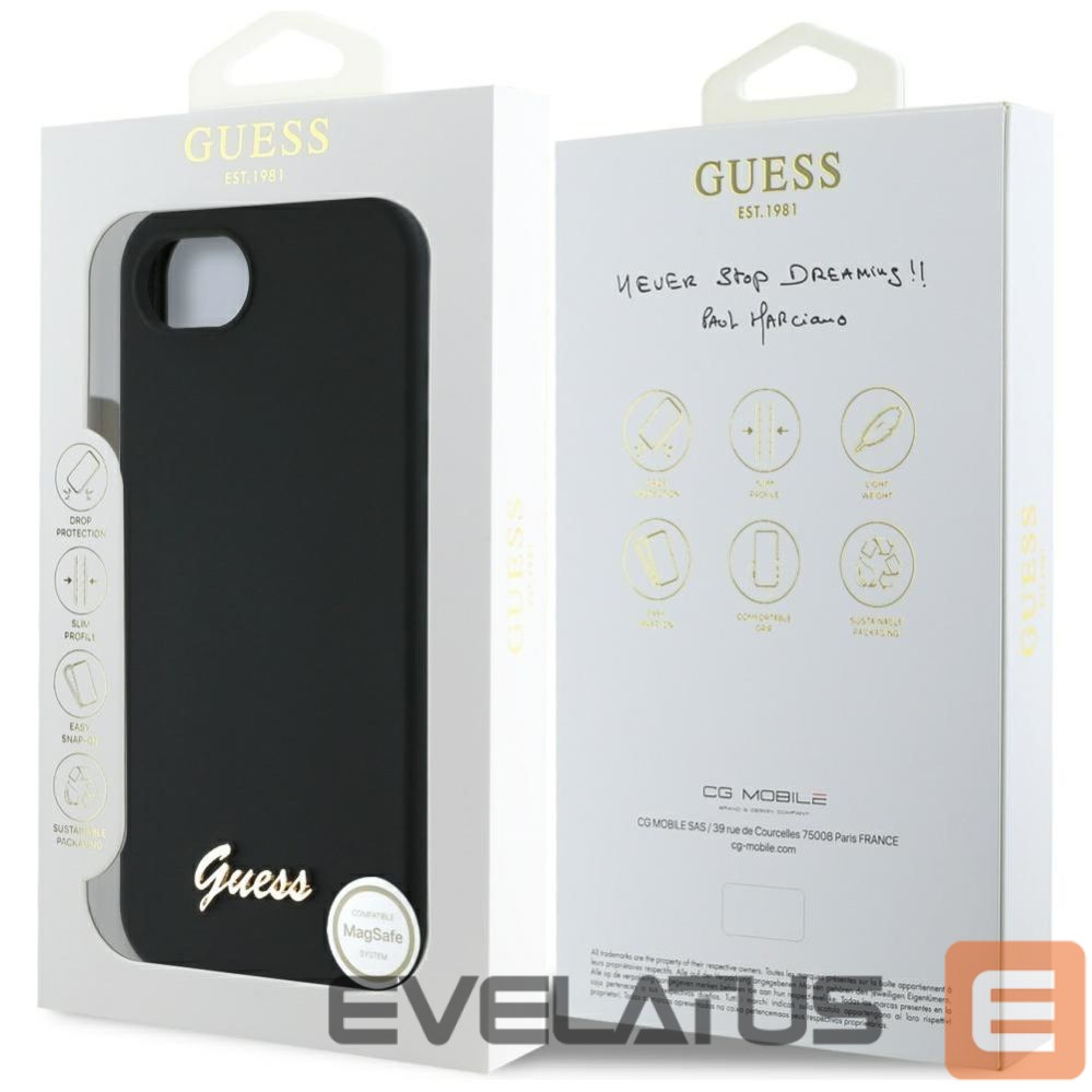 Citas preces Guess Guess Silicone Script Metal Logo MagSafe iPhone 16e Case - Black