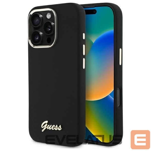 Citas preces Guess Guess Silicone Script Metal Logo & Frame Case for iPhone 16 Pro Max - Black