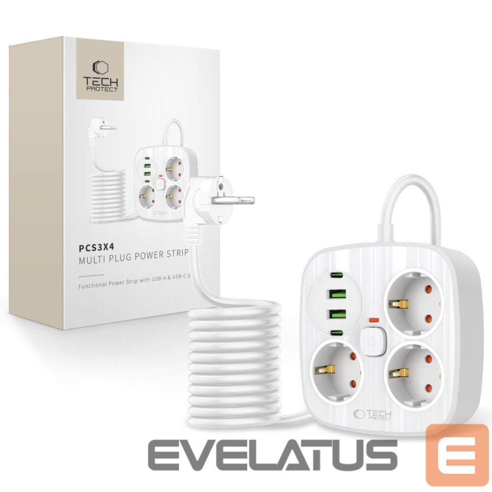 Citas preces Tech-Protect Tech-Protect PCS3X4 power strip, 3 sockets, 2xUSB-A, 2xUSB-C 200 cm - white