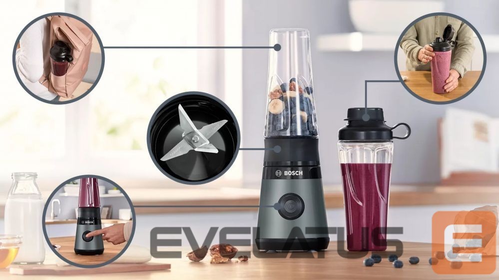 Mikseri un blenderi Bosch VitaPower ToGo Smoothie Maker MMB2111S Tabletop, 450 W, Jar material Tritan, Jar capacity 0.6 L, Ice crushing, Silver