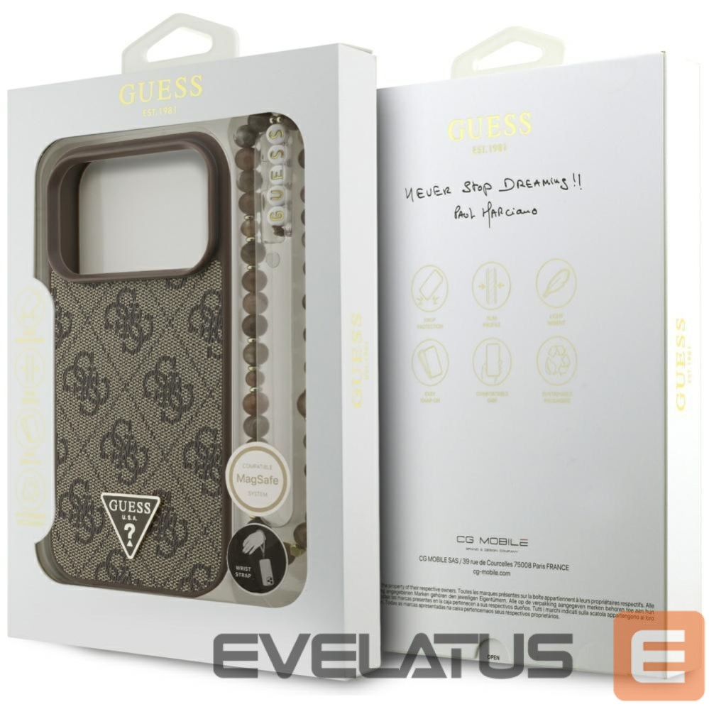 Citas preces Guess Guess 4G Strap Triangle Logo MagSafe case for iPhone 17 Pro - brown