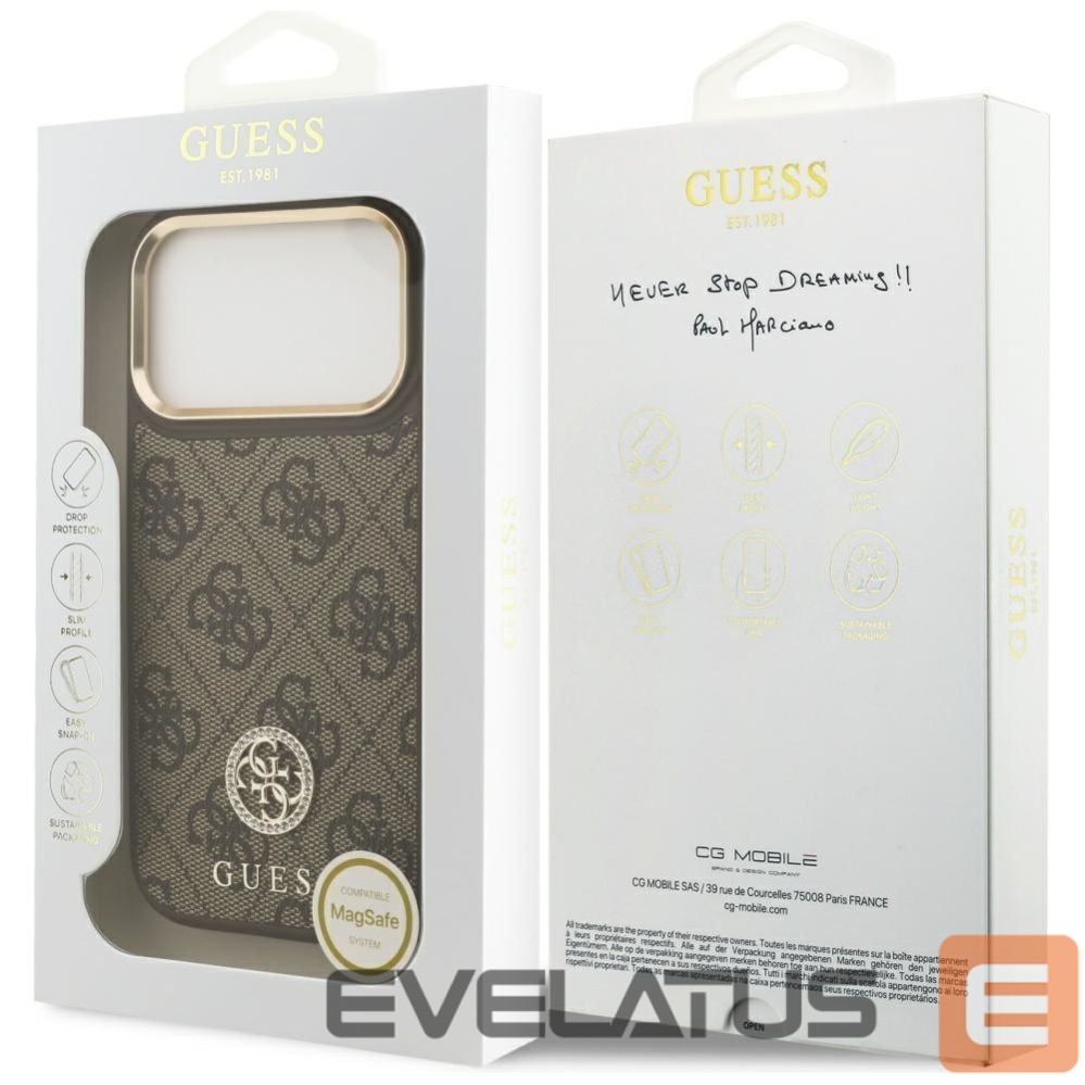 Citas preces Guess Guess 4G Strass Logo MagSafe case for iPhone 17 Pro - brown