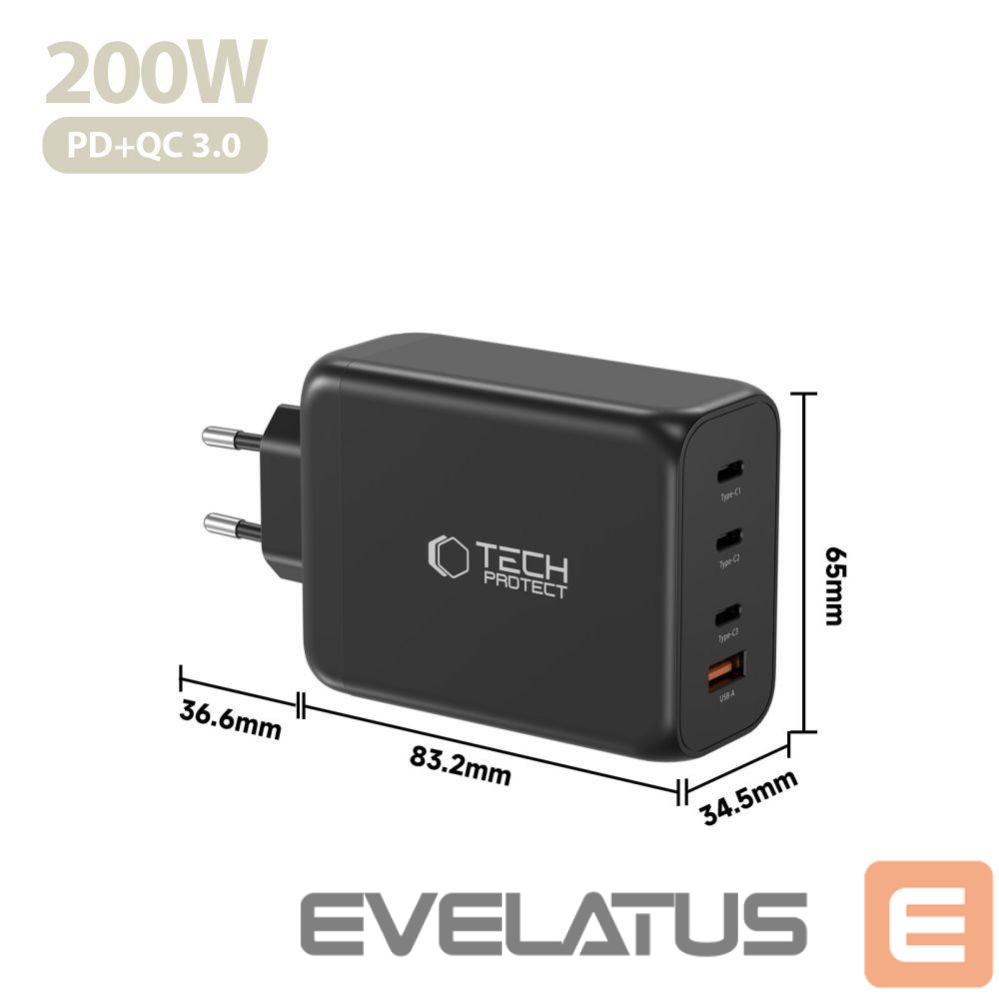 Citas preces Tech-Protect Tech-Protect NC200W-GaN 4-Port 200W Wall Charger - Black