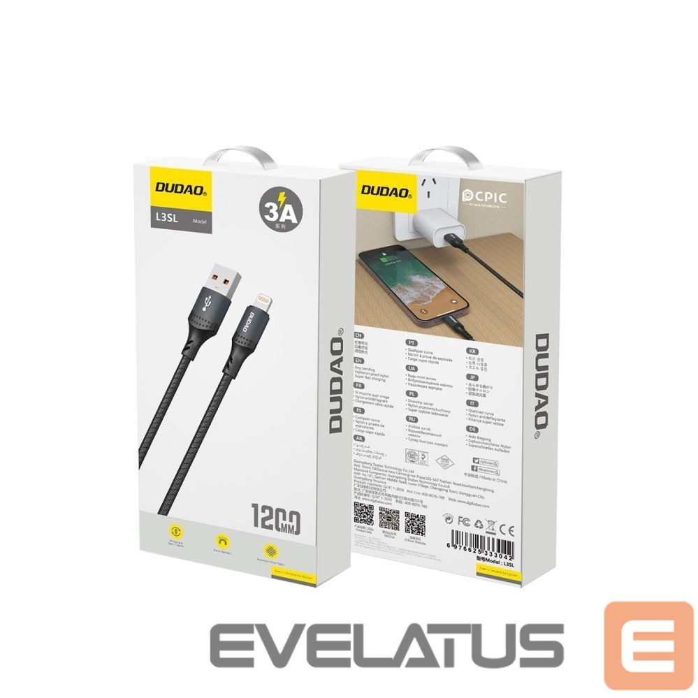 Kabelis Dudao Dudao 3A 30W L3SL USB-A - Lightning Cable Braided 1.2m - Black