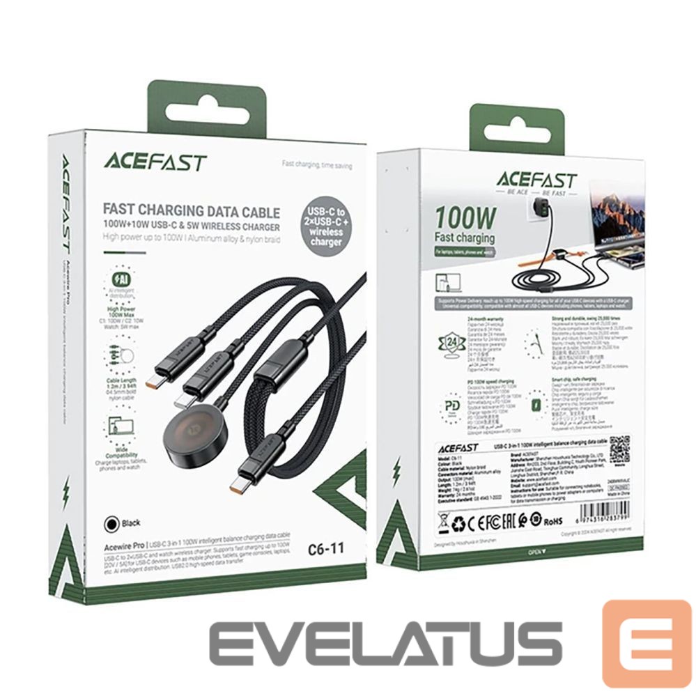 Citas preces Acefast Acefast C6-11 USB-C 3in1 Cable - 2x USB-C / Qi 480Mb/s 100W 1.2m - black