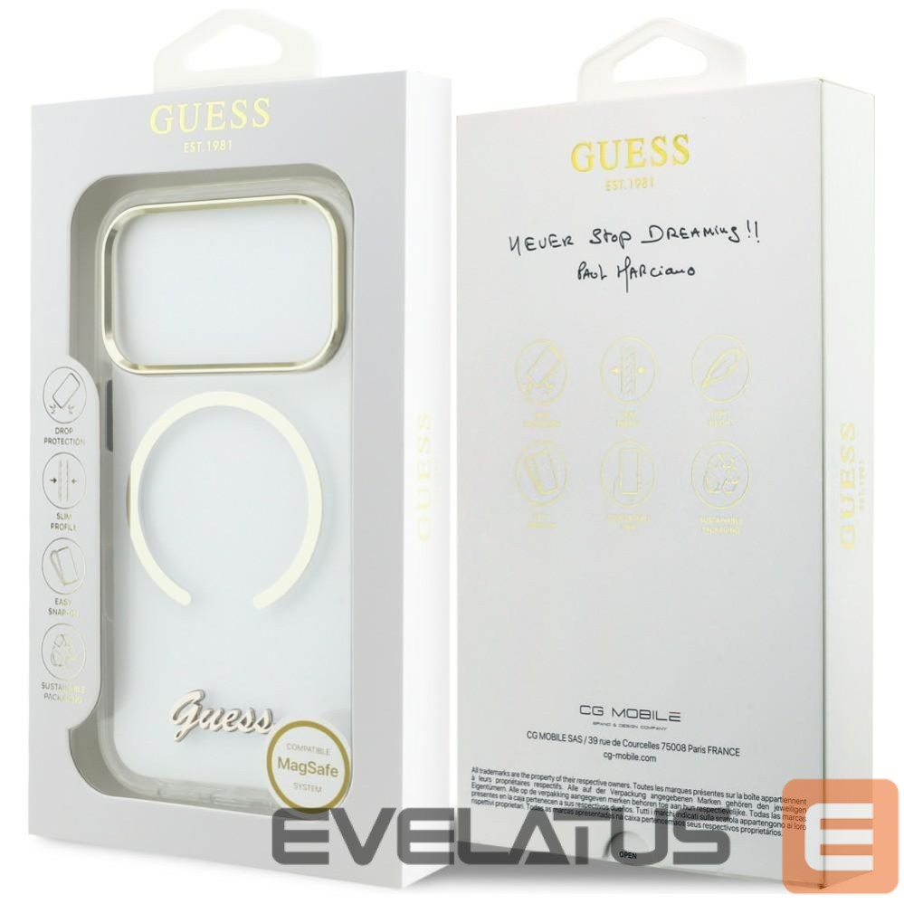 Citas preces Guess Guess IML Script Metal MagSafe Case for iPhone 17 Pro Max - Clear