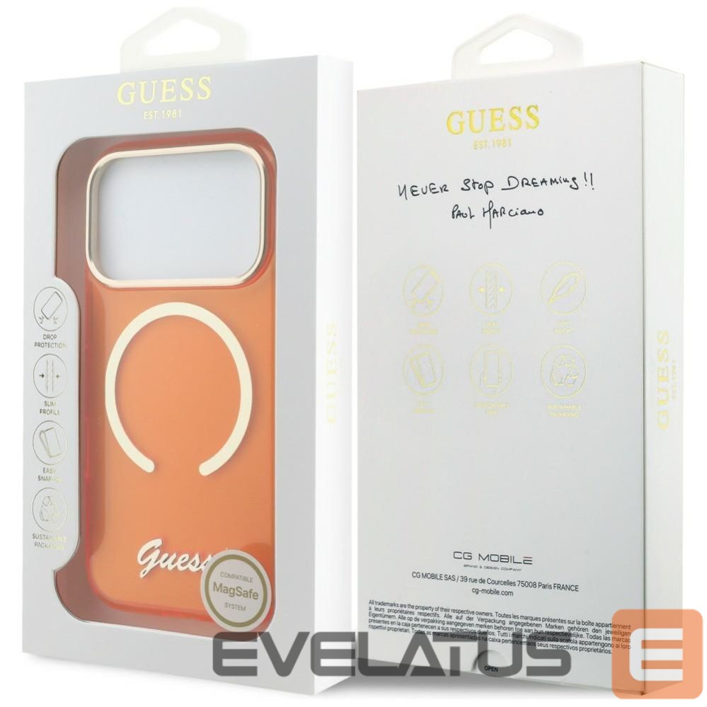 Citas preces Guess Guess IML Script Metal MagSafe Case for iPhone 17 Pro - Orange