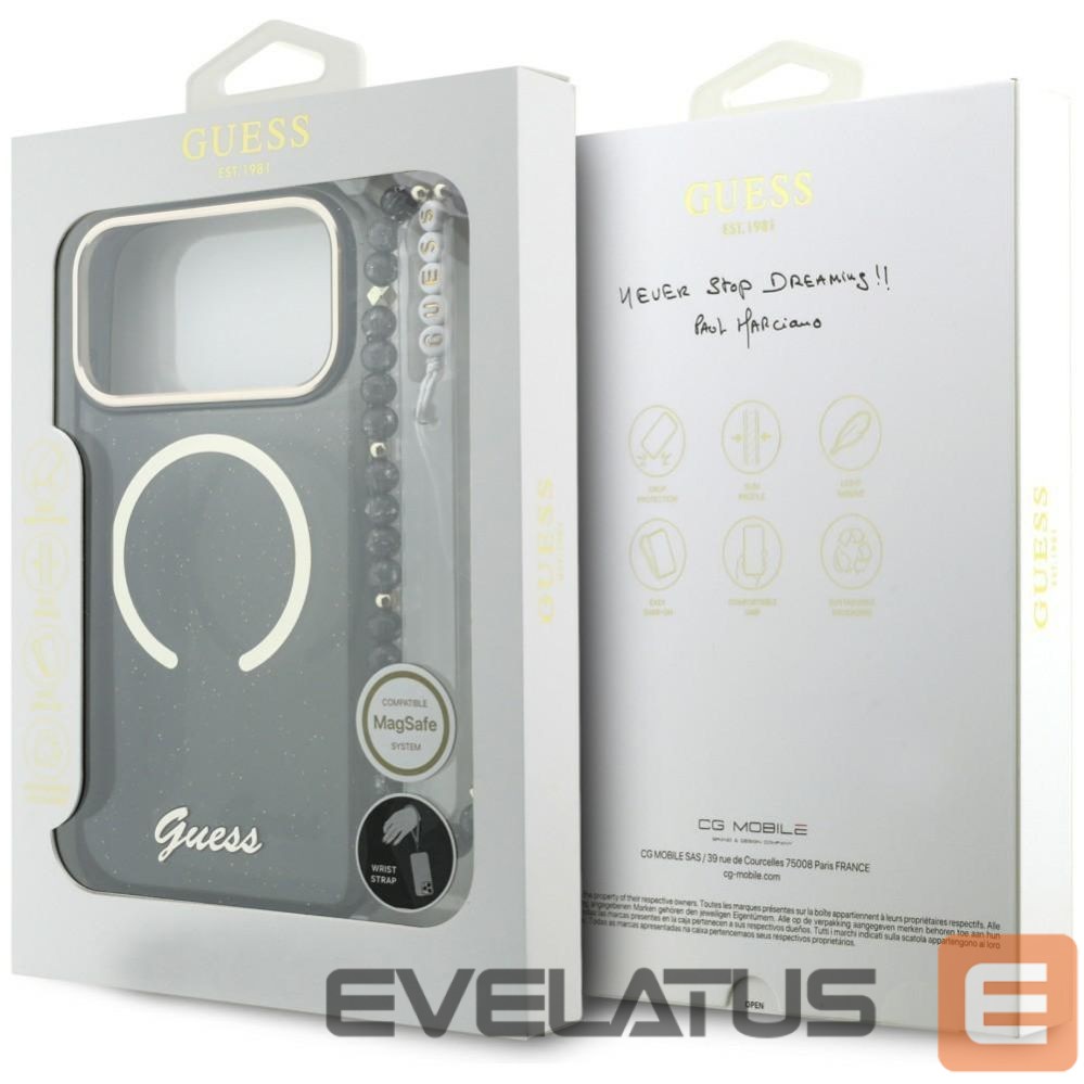 Citas preces Guess Guess IML Glitters Script Strap MagSafe case for iPhone 17 Pro Max - black