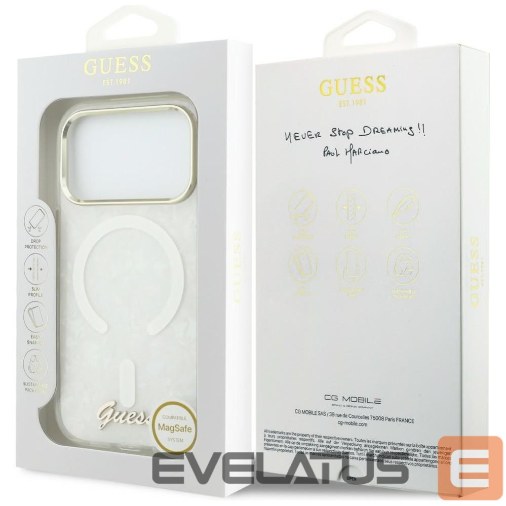 Citas preces Guess Guess IML Shell Script Metal MagSafe Case for iPhone 17 Pro Max - White