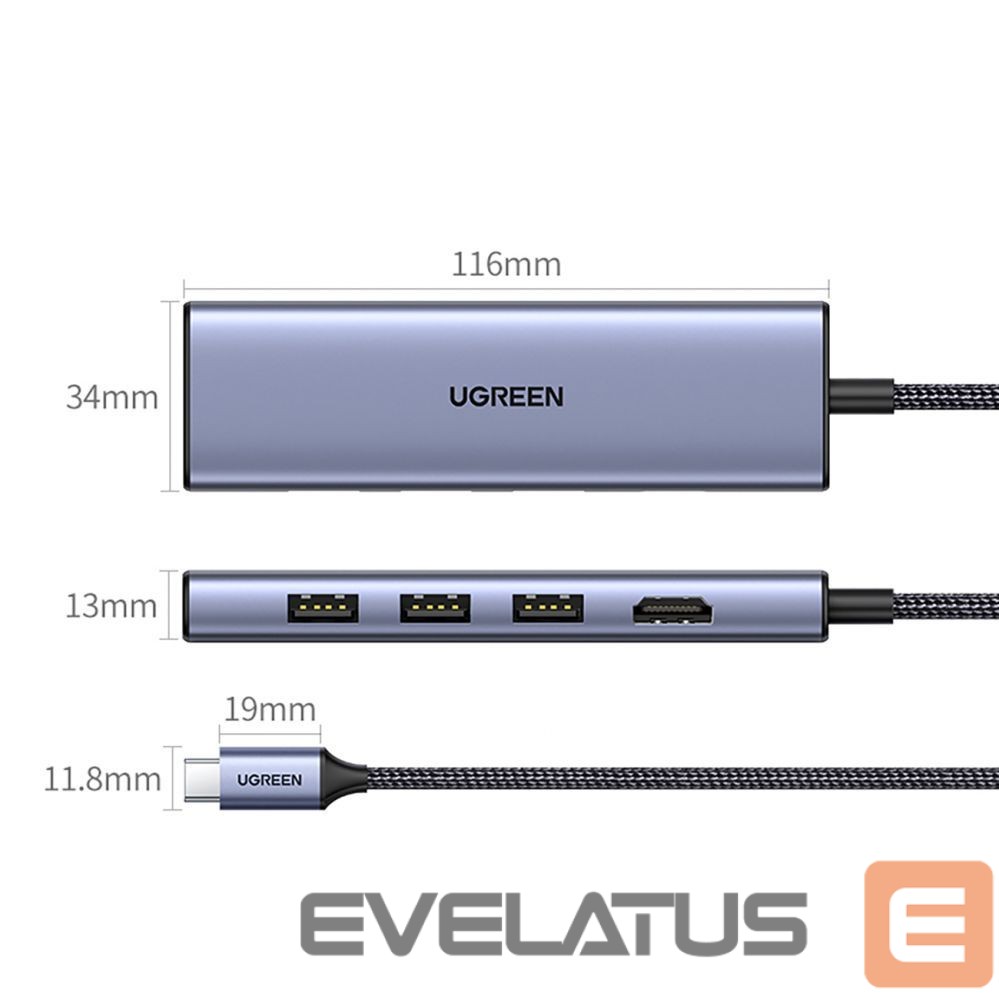 Kabelis Ugreen HUB Ugreen CM511 20956A 6in1 USB-C - HDMI / 3x USB-A 3.0 / SD/TF card reader - gray