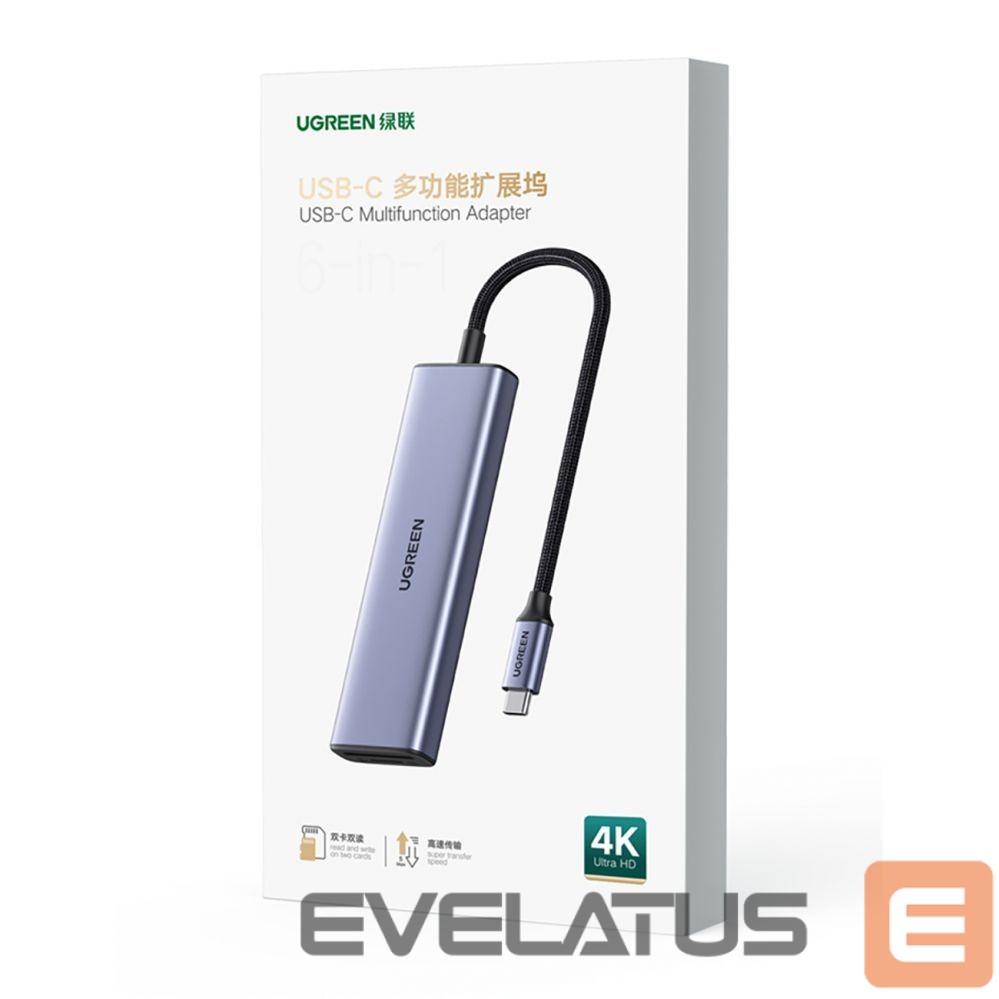 Kabelis Ugreen HUB Ugreen CM511 20956A 6in1 USB-C - HDMI / 3x USB-A 3.0 / SD/TF card reader - gray