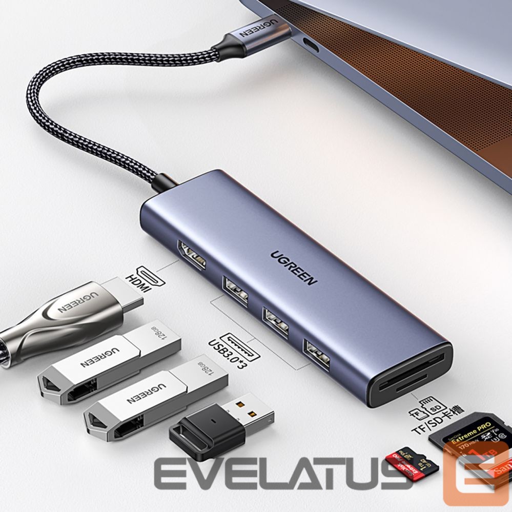 Kabelis Ugreen HUB Ugreen CM511 20956A 6in1 USB-C - HDMI / 3x USB-A 3.0 / SD/TF card reader - gray