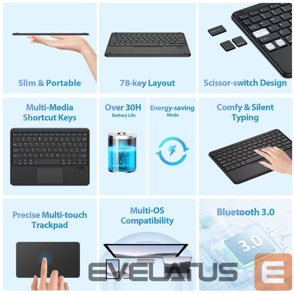 Datora tastatūra Blackview K2 Bluetooth Keyboard Wireless Slim 10" for Tablet & Smartphone, Bluetooth 3.0, 280mAh Battery, Windows / Android / iOS Black