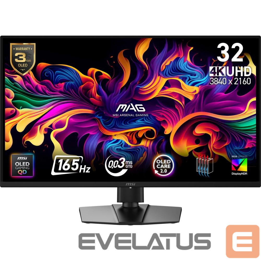 Monitors MSI Monitor||31.5 "|3840 x 2160 pixels|4K Ultra HD|Native aspect ratio 16:9|QD-OLED|Flat|MAG322UPQD-OLEDE16