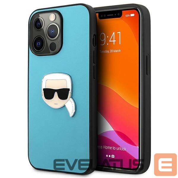 Aizmugurējais vāciņš Karl Lagerfeld Karl Lagerfeld KLHCP13XPKMB iPhone 13 Pro Max 6,7" niebieski/blue hardcase Leather Ikonik Karl`s Head Metal