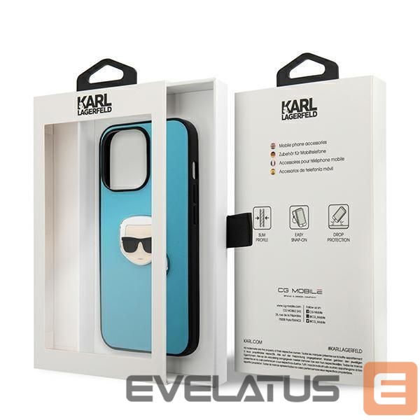 Aizmugurējais vāciņš Karl Lagerfeld Karl Lagerfeld KLHCP13XPKMB iPhone 13 Pro Max 6,7" niebieski/blue hardcase Leather Ikonik Karl`s Head Metal