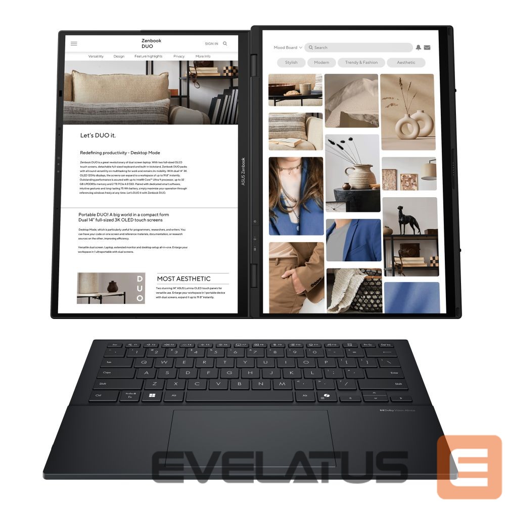 Portatīvais dators Asus | Zenbook Duo UX8406CA-QL287W | Inkwell Gray | 14 " | OLED | Touchscreen | FHD | 1920 x 1200 pixels | Intel Core Ultra 7 | 255H | 16 GB | LPDDR5X | Solid-state drive capacity 1000 GB | Intel Arc Graphics | Windows 11 Home | 802.11be | Bluetooth version 5.4 | Keyboard language US international | Keyboard backlit | Warranty 24 month(s) | Battery warranty 12 month(s)