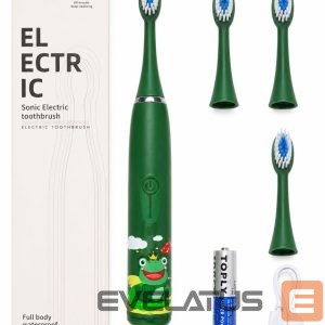 Zobu birste iLike  Kids Sonic Electric Toothbrush, Waterproof, 5 Brush Heads (1+4 Replacement Heads), Battery Powered, Soft Bristles, Green Frog Design Green