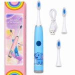 Zobu birste iLike  Kids Rechargeable Sonic Electric Toothbrush, USB Charging, 3 Brush Heads (1+2 Replacement Heads), Soft Bristles, Waterproof, Blue Elephant Design Blue
