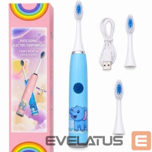 Zobu birste iLike  Kids Rechargeable Sonic Electric Toothbrush, USB Charging, 3 Brush Heads (1+2 Replacement Heads), Soft Bristles, Waterproof, Blue Elephant Design Blue