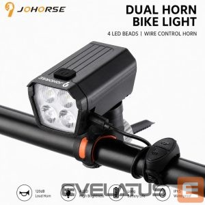Piederums velosipēdiem iLike  JOHORSE USB Rechargeable Bike Headlight with 120dB Electric Horn, 300LM 4 LED Bicycle Front Light, 7 Lighting Modes, Handlebar Remote Switch, IPX4 Waterproof Black