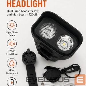 Piederums velosipēdiem iLike  JOHORSE Rechargeable Bike Light with 120dB Horn, USB Rechargeable LED Bicycle Headlight, High/Low Beam, IPX4 Waterproof, Front Cycling Light Black