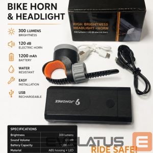 Piederums velosipēdiem iLike  JOHORSE Bike Headlight & Electric Horn – 300 Lumens, 120dB, USB Rechargeable 