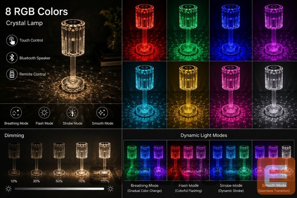 Galda lampa iLike Crystal Touch RGB LED Table Lamp with Bluetooth Speaker, Ambient Night Light & Remote Control